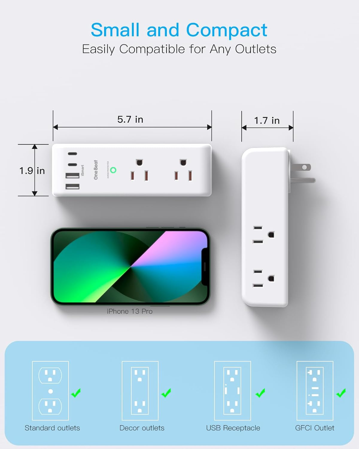Surge Protector Outlet Extender - with Rotating Plug, 6 AC Multi Plug Outlet with 4 USB Ports (2 USB C), 1800J Wall Charger, 3-Sided Power Strip with Spaced Outlet Splitter for Home, Office, Travel
