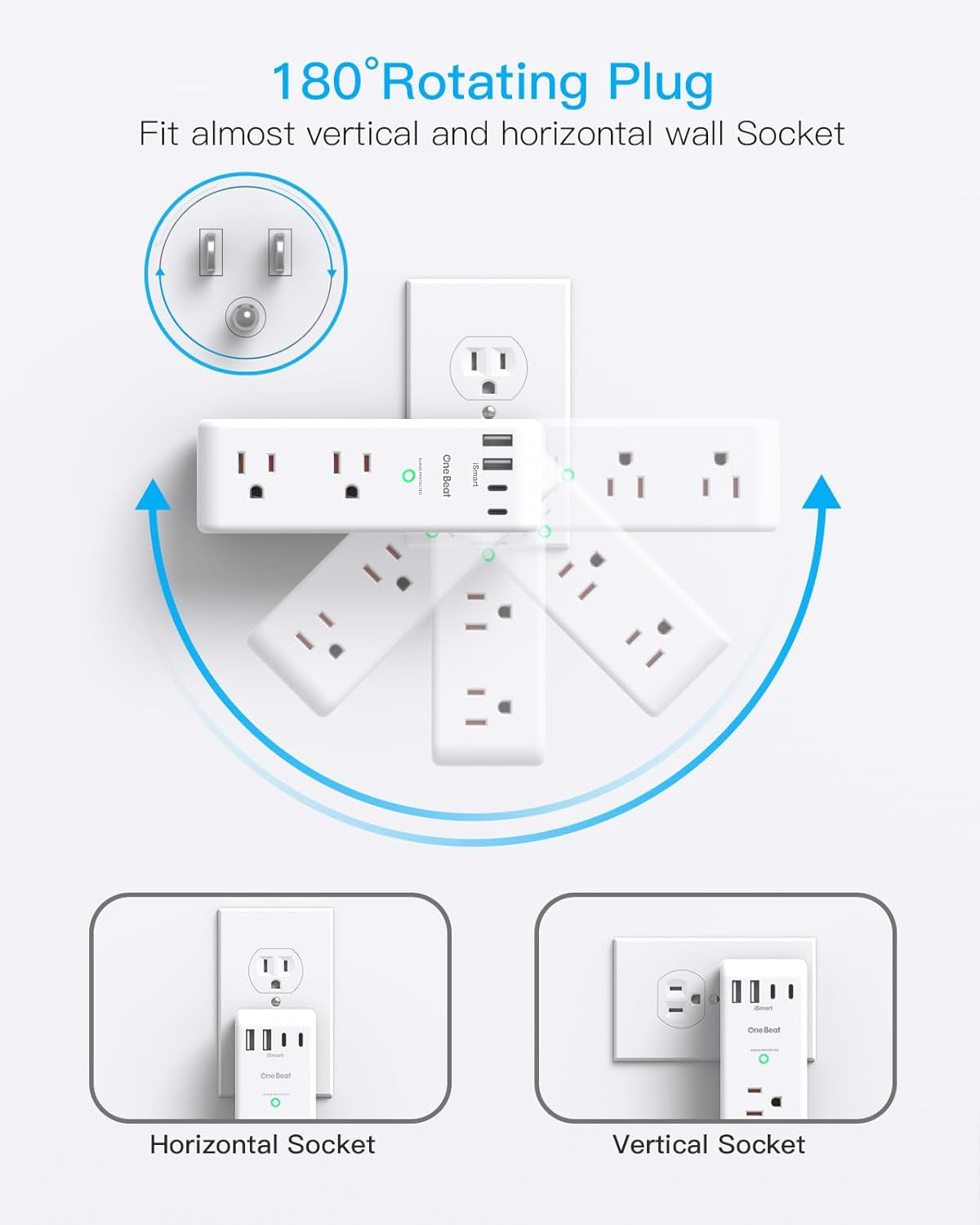 Surge Protector Outlet Extender - with Rotating Plug, 6 AC Multi Plug Outlet with 4 USB Ports (2 USB C), 1800J Wall Charger, 3-Sided Power Strip with Spaced Outlet Splitter for Home, Office, Travel