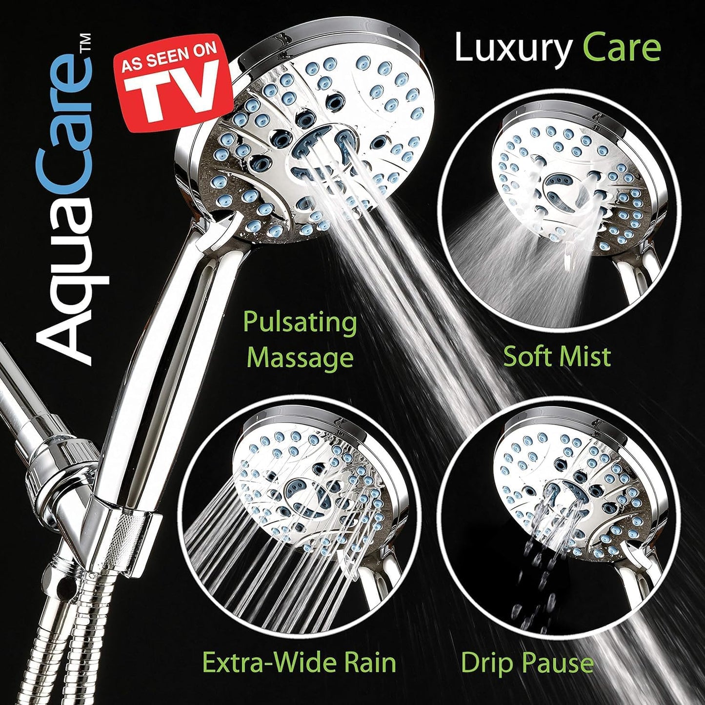 Experience Ultimate Shower Luxury with the AquaCare High-Pressure 8-Mode Handheld Shower Head - Featuring Anti-Clog Nozzles, Built-In Power Wash, and an Extra Long 6 Ft. Stainless Steel Hose for Effortless Cleaning