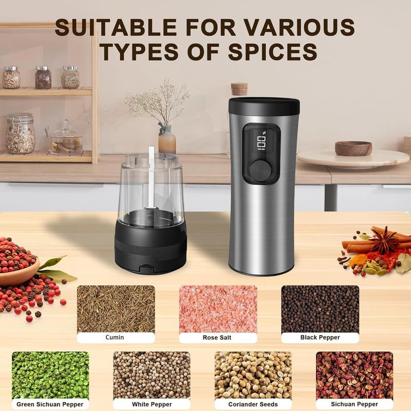 Electric Salt and Pepper Grinder Set, 2-Speed Setting, Stainless Steel Rechargeable Automatic Pepper Mill Shakers with USB Charging Base,100Ml Large Capacity, External Adjustable Coarseness,Led Light