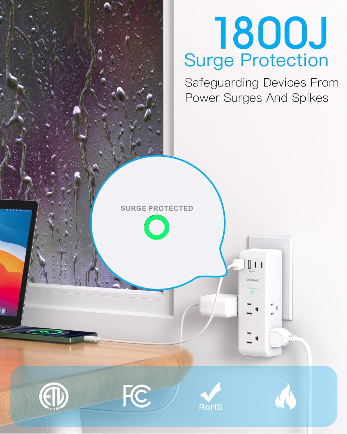 Surge Protector Outlet Extender - with Rotating Plug, 6 AC Multi Plug Outlet with 4 USB Ports (2 USB C), 1800J Wall Charger, 3-Sided Power Strip with Spaced Outlet Splitter for Home, Office, Travel