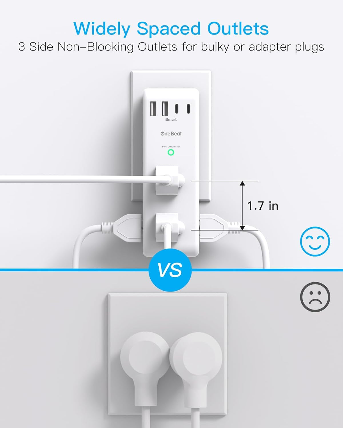 Surge Protector Outlet Extender - with Rotating Plug, 6 AC Multi Plug Outlet with 4 USB Ports (2 USB C), 1800J Wall Charger, 3-Sided Power Strip with Spaced Outlet Splitter for Home, Office, Travel