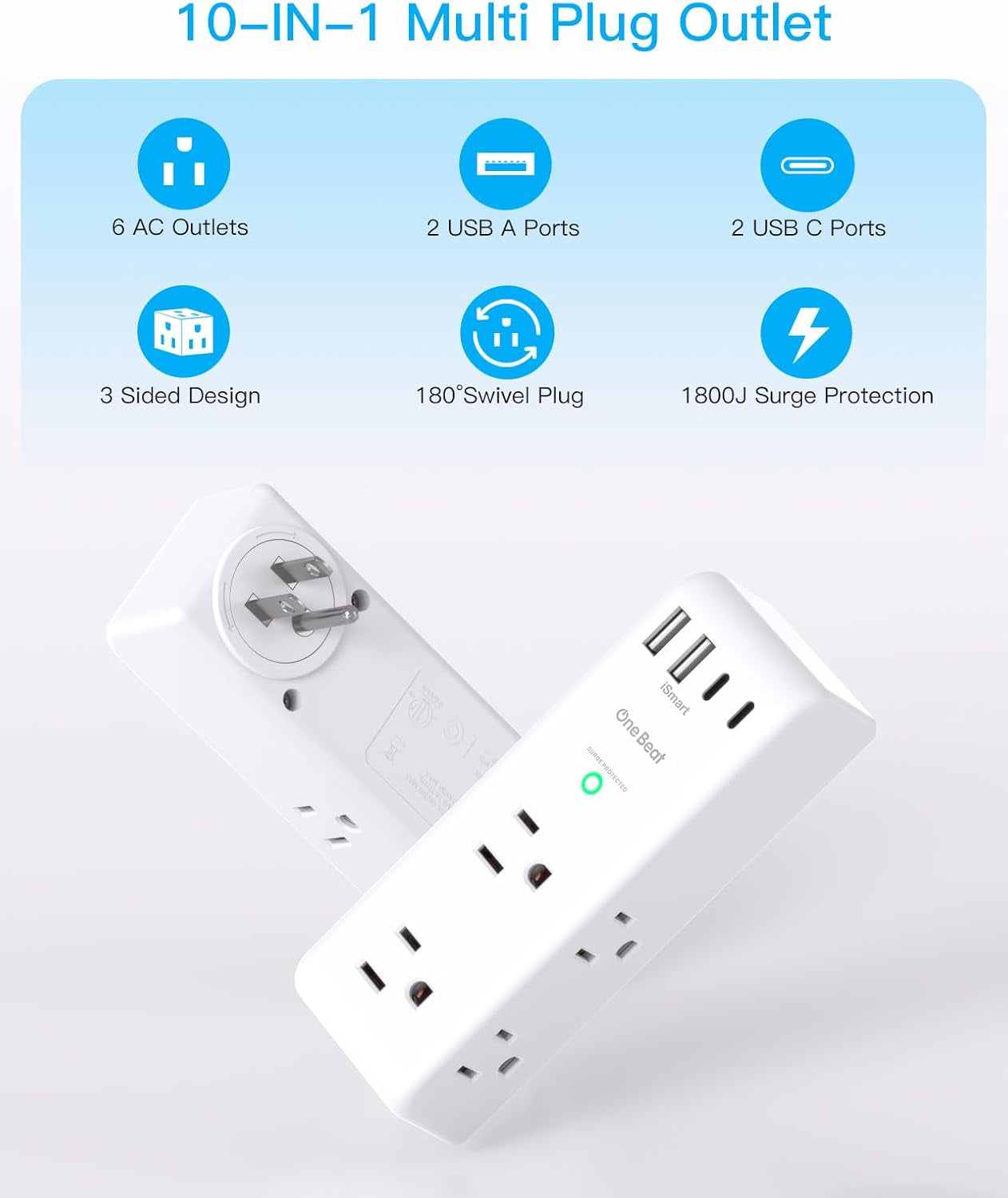 Surge Protector Outlet Extender - with Rotating Plug, 6 AC Multi Plug Outlet with 4 USB Ports (2 USB C), 1800J Wall Charger, 3-Sided Power Strip with Spaced Outlet Splitter for Home, Office, Travel