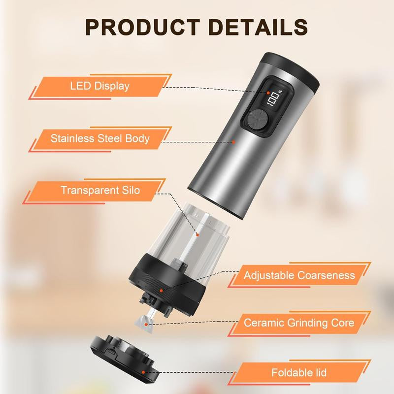 Electric Salt and Pepper Grinder Set, 2-Speed Setting, Stainless Steel Rechargeable Automatic Pepper Mill Shakers with USB Charging Base,100Ml Large Capacity, External Adjustable Coarseness,Led Light