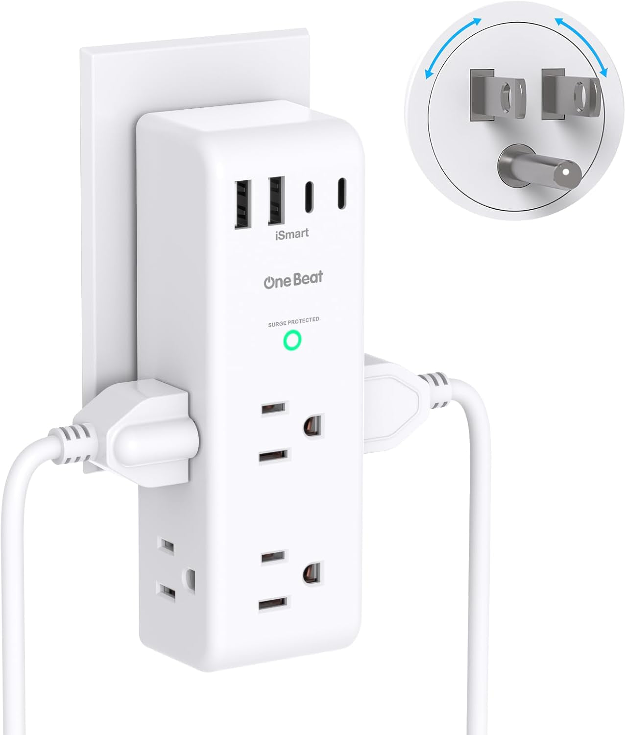Surge Protector Outlet Extender - with Rotating Plug, 6 AC Multi Plug Outlet with 4 USB Ports (2 USB C), 1800J Wall Charger, 3-Sided Power Strip with Spaced Outlet Splitter for Home, Office, Travel