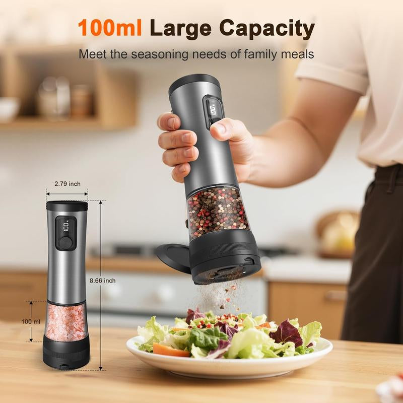 Electric Salt and Pepper Grinder Set, 2-Speed Setting, Stainless Steel Rechargeable Automatic Pepper Mill Shakers with USB Charging Base,100Ml Large Capacity, External Adjustable Coarseness,Led Light
