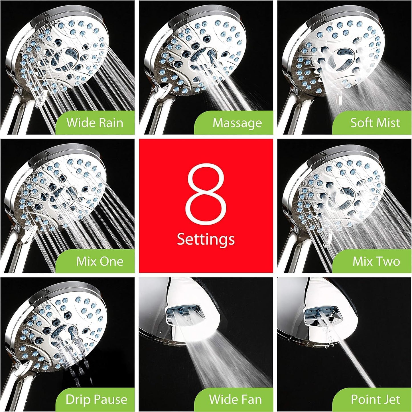 Experience Ultimate Shower Luxury with the AquaCare High-Pressure 8-Mode Handheld Shower Head - Featuring Anti-Clog Nozzles, Built-In Power Wash, and an Extra Long 6 Ft. Stainless Steel Hose for Effortless Cleaning
