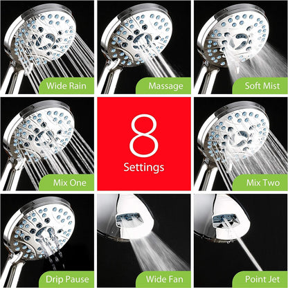 Experience Ultimate Shower Luxury with the AquaCare High-Pressure 8-Mode Handheld Shower Head - Featuring Anti-Clog Nozzles, Built-In Power Wash, and an Extra Long 6 Ft. Stainless Steel Hose for Effortless Cleaning